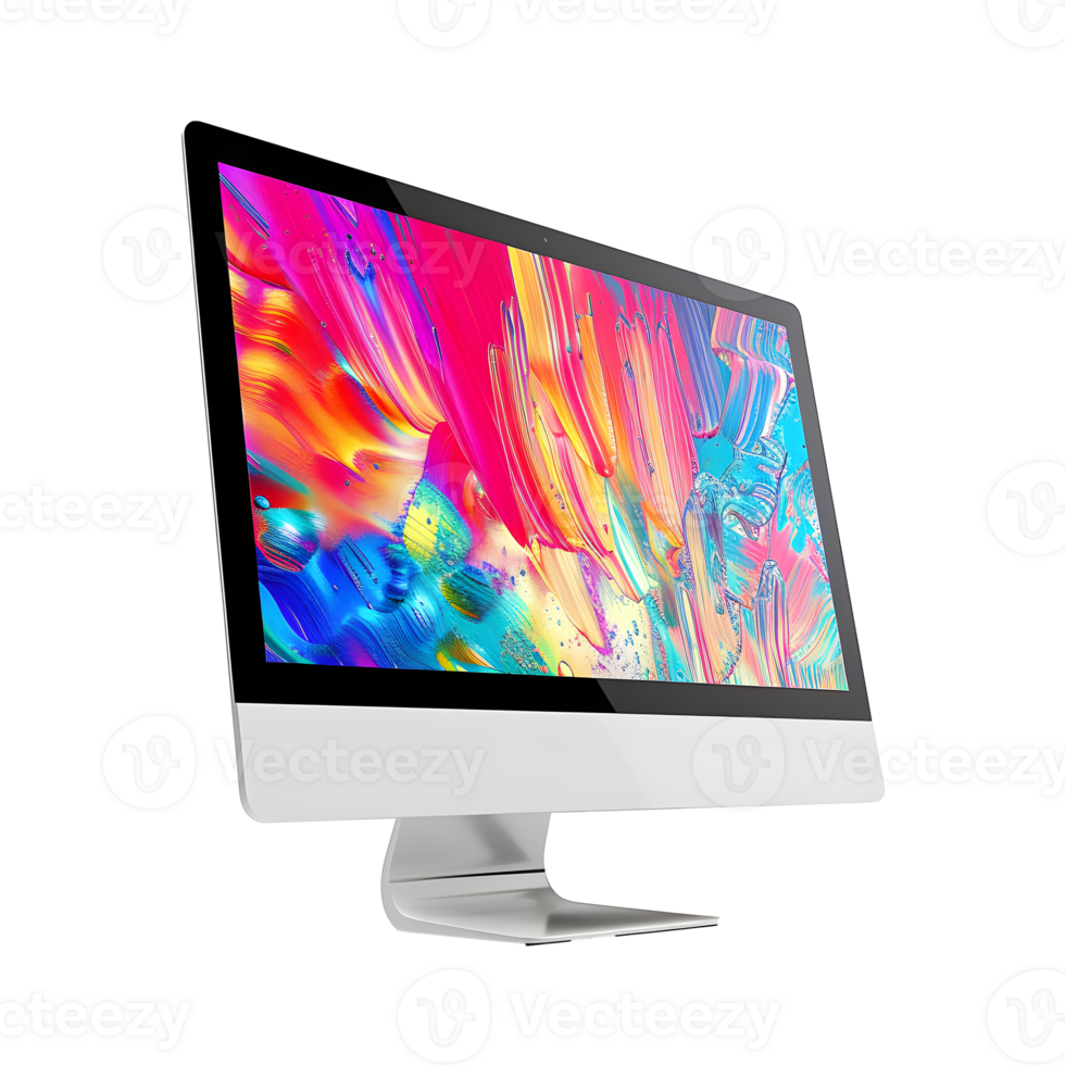 a computer monitor with colorful graphics on it on transparent background png