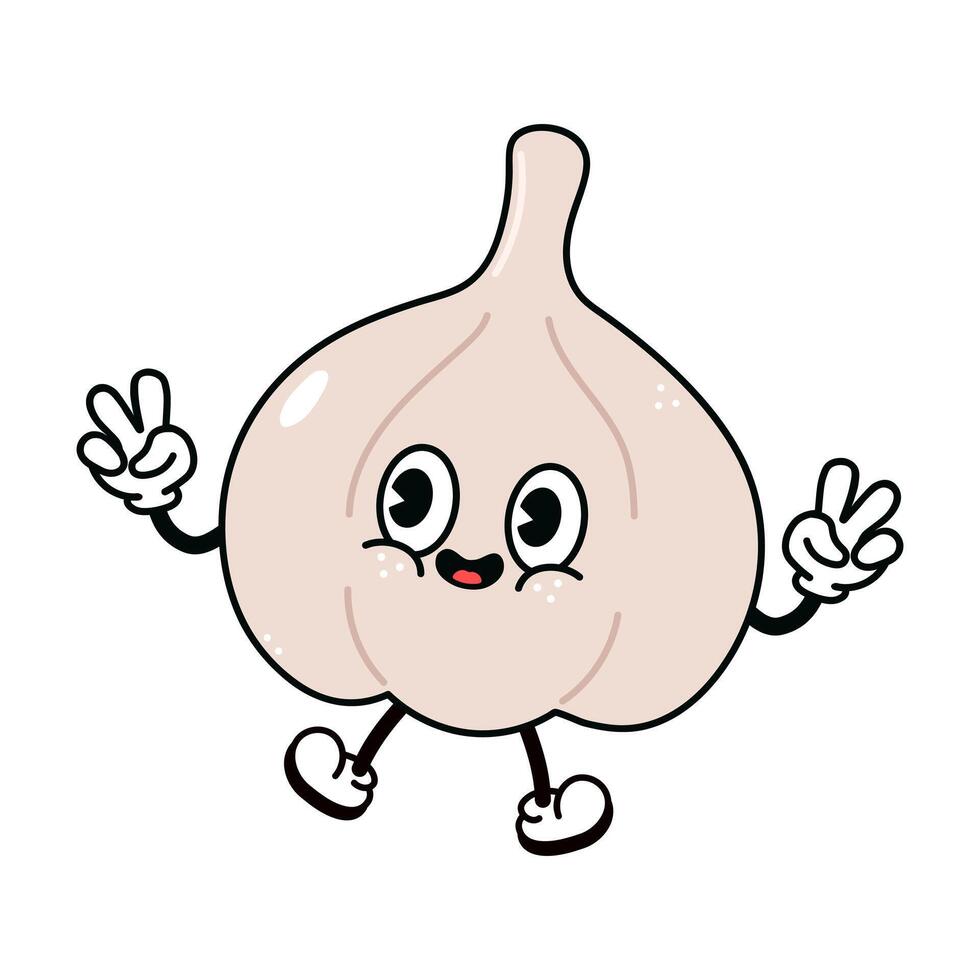 Jumping Garlic character character. hand drawn traditional cartoon vintage, retro, kawaii character illustration icon. Isolated white background. Garlic character concept vector