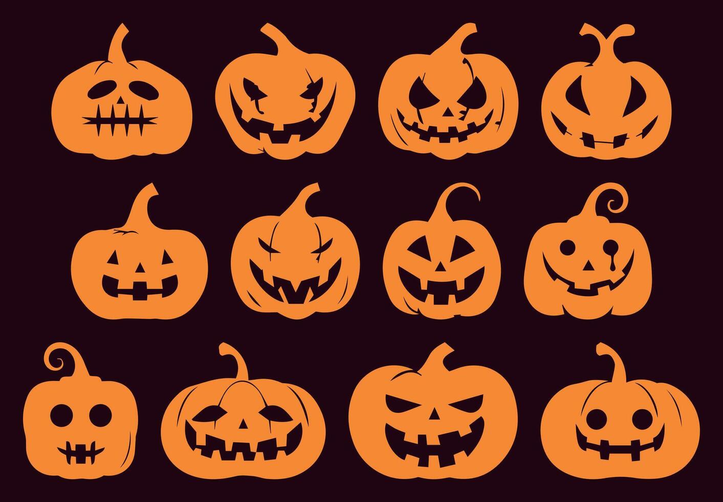 Halloween Pumpkin Emoji Set. Silhouette Collection with Spooky and Funny Faces. Isolated on Solid Background for Horror and Party Decor. Ideal for October and Thanksgiving Celebrations. vector