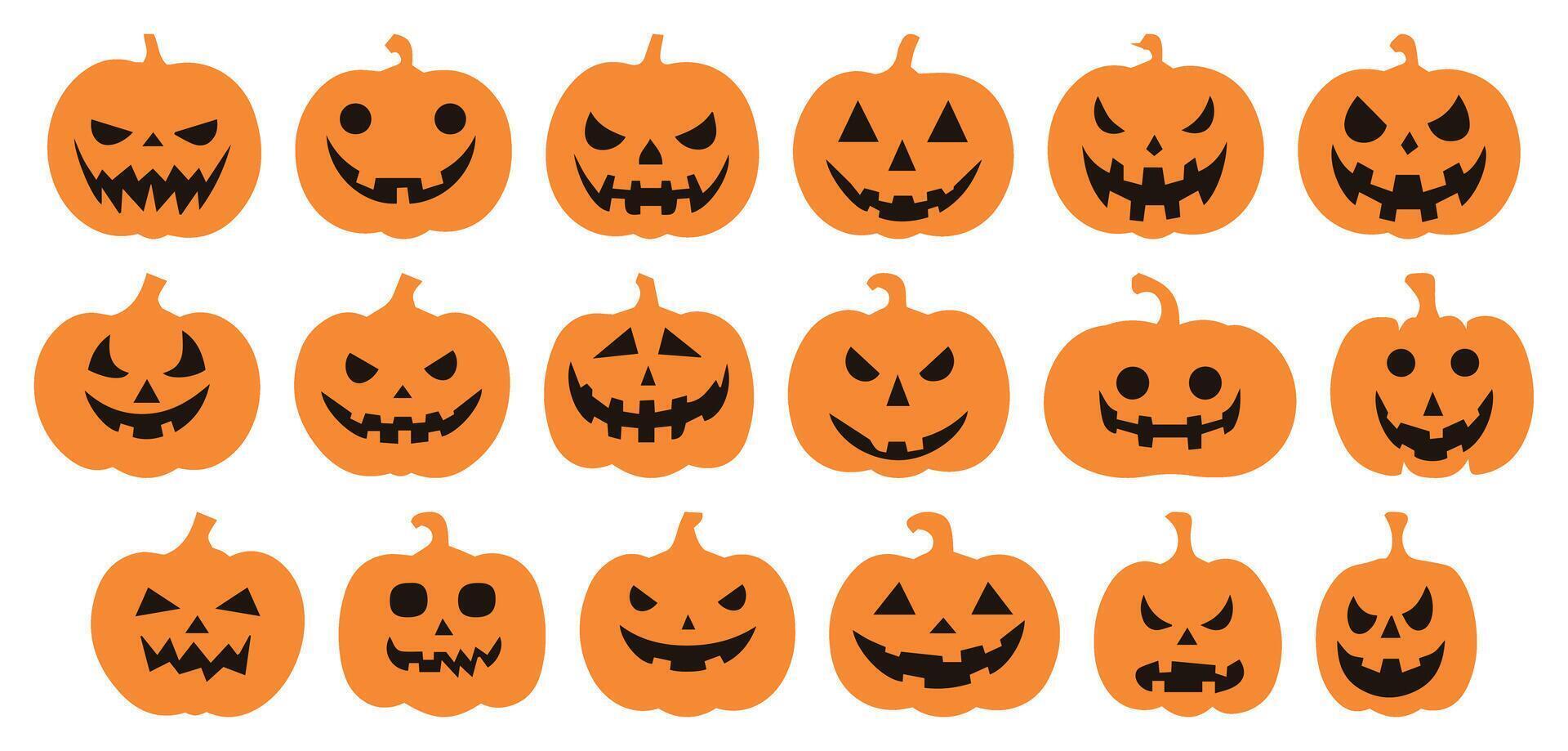 Scary Pumpkin Faces Set for Halloween. Horror Silhouettes with Creepy Expressions. Icons Isolated on Transparent Background for Spooky October Emotions and Decorations. vector