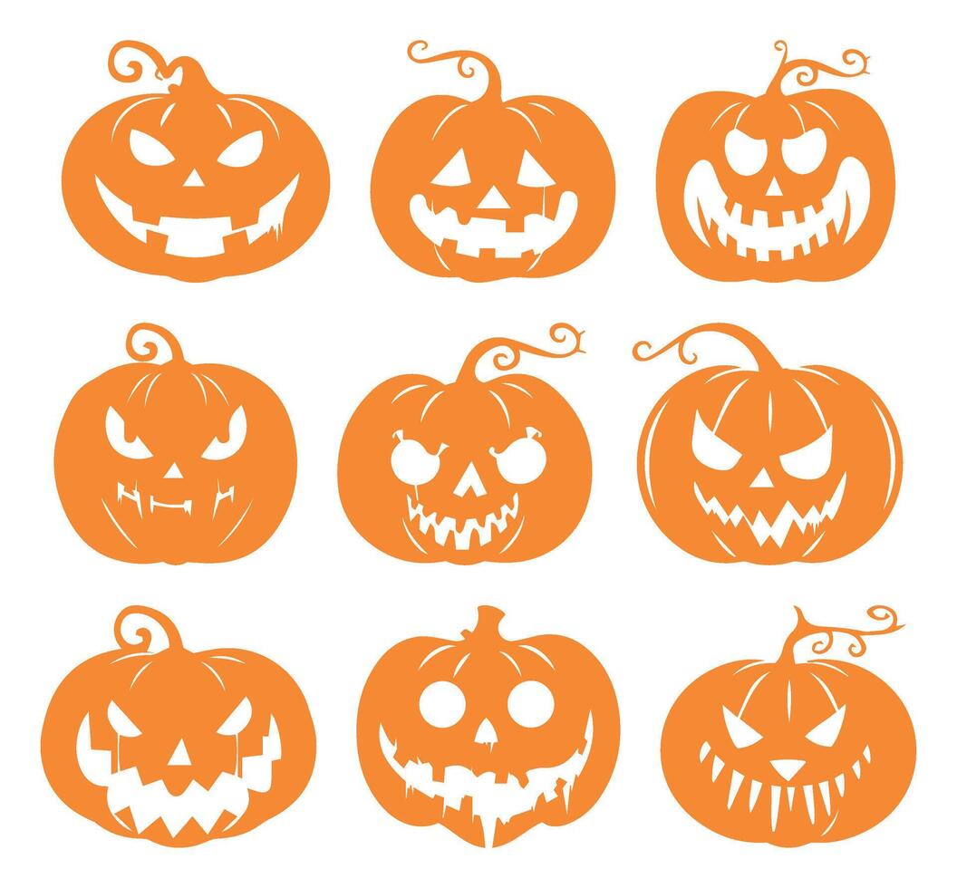 Halloween Pumpkin Clip Art Collection. Terrifying Lantern Faces with Creepy Silhouettes. Icons Set for Spooky October Horror Emotions. Isolated on Transparent Background. vector
