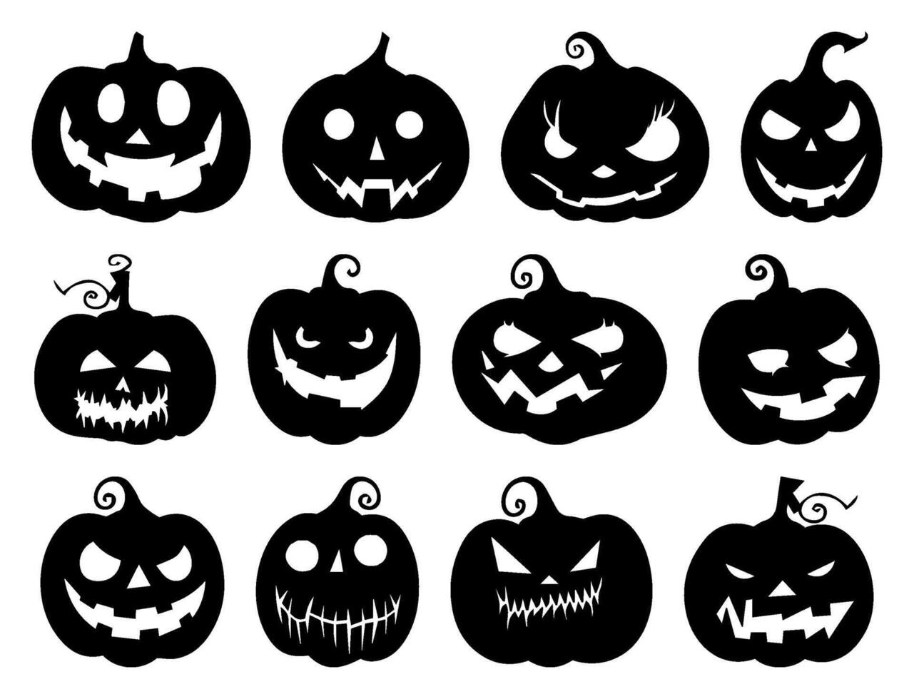 Halloween Pumpkin Silhouette Icon Set. Collection of Scary Jack-O'-Lantern Faces. Black Art. Isolated on Transparent Background. Perfect for October Horror Parties and Thanksgiving Clip Art vector