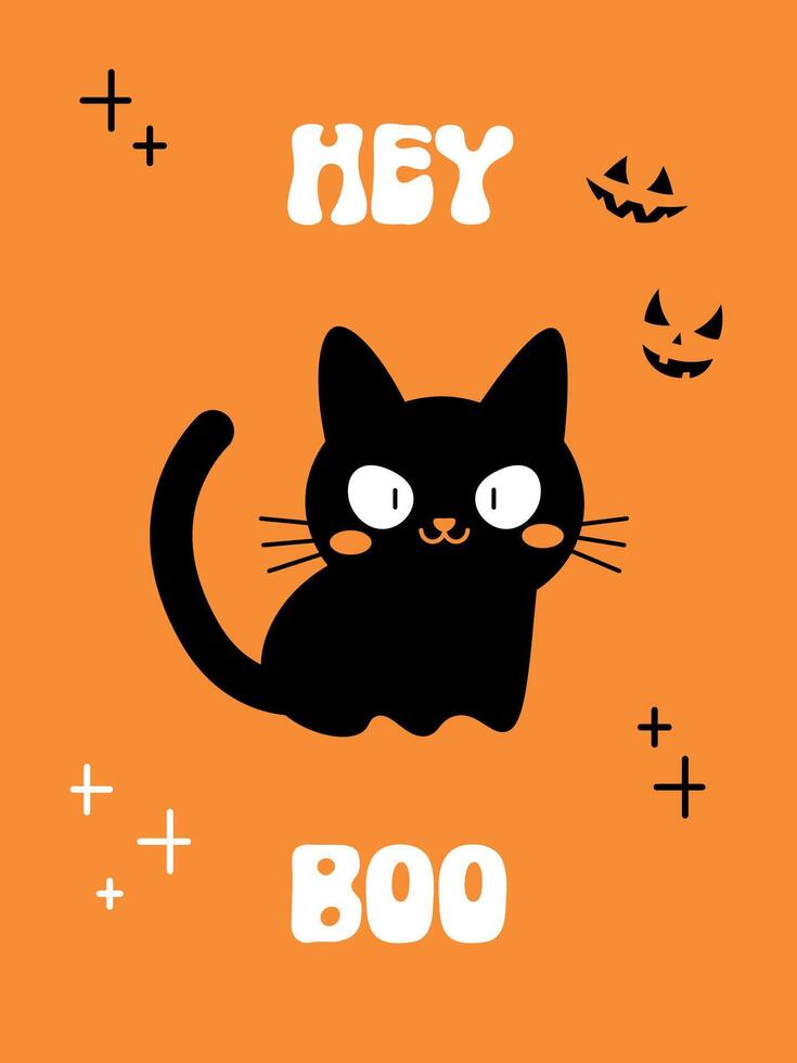 Halloween poster with cute cat and text Hey boo in groovy font. Minimal design, cute flat style, festive aesthetic greeting card. Hand drawn flyer. Happy Halloween party invitation, social media vector