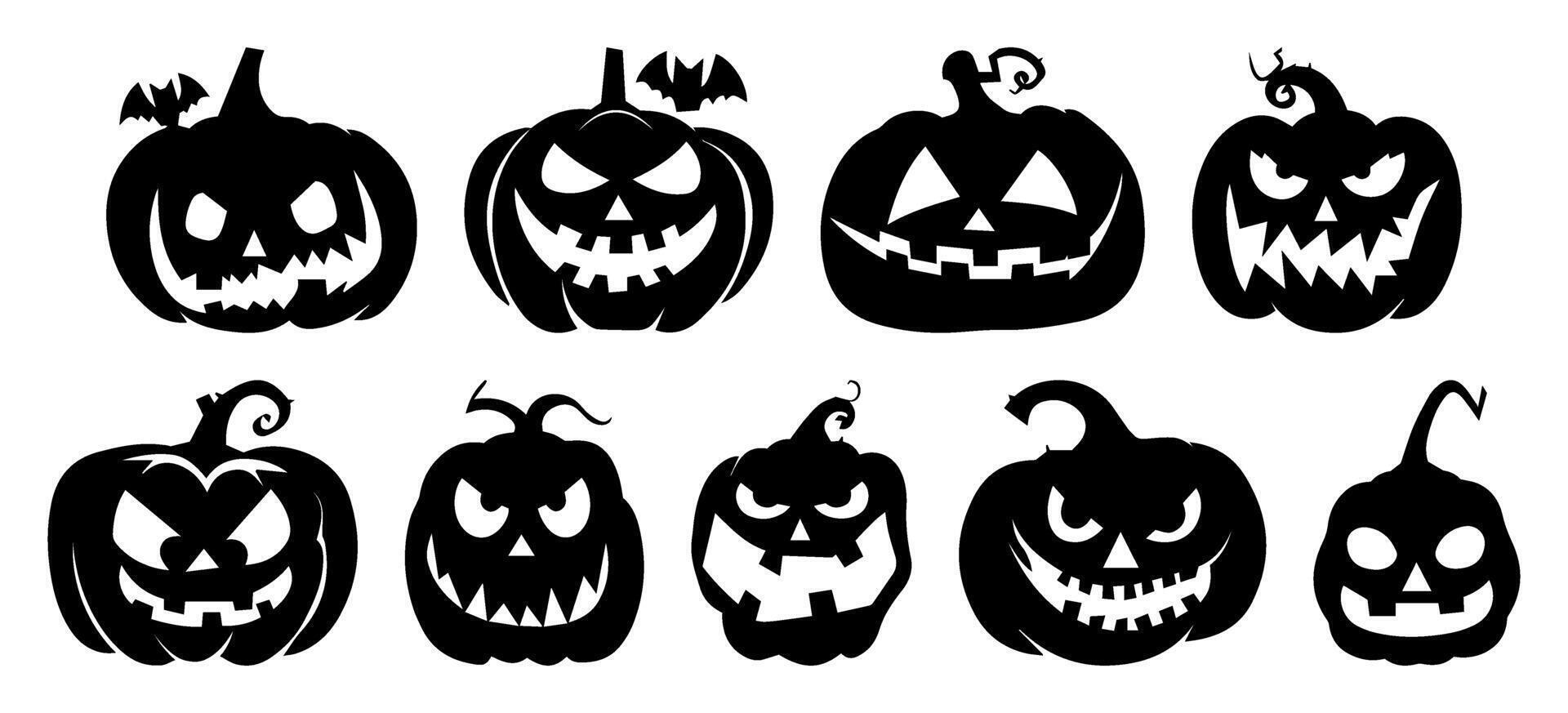 Scary Halloween Pumpkin Faces Collection. Silhouette Icon Set with Various Emotions. Black Art Isolated on Transparent Background. Ideal for October Celebrations and Horror Illustrations. vector