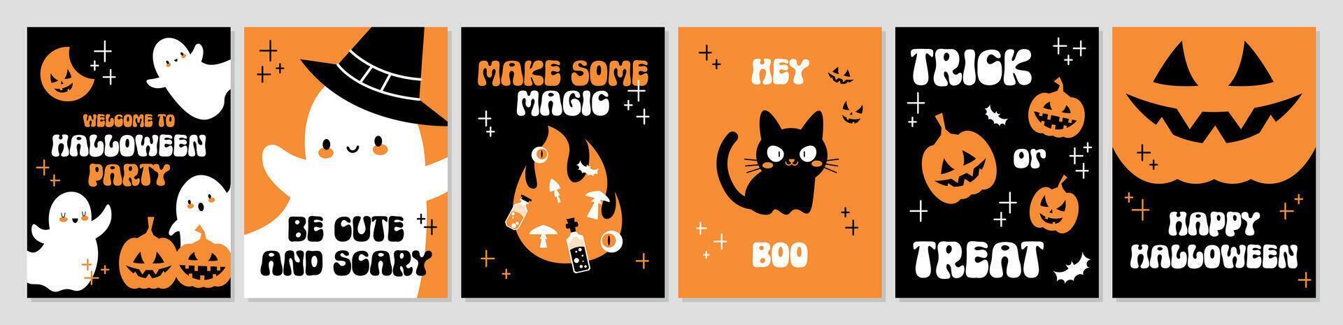 Big set of Halloween posters. Party invitations in cute flat minimal style with groovy font. Simple creative cards Happy Halloween, social media banners. Hand drawn illustrations pumpkins, cat, ghost vector