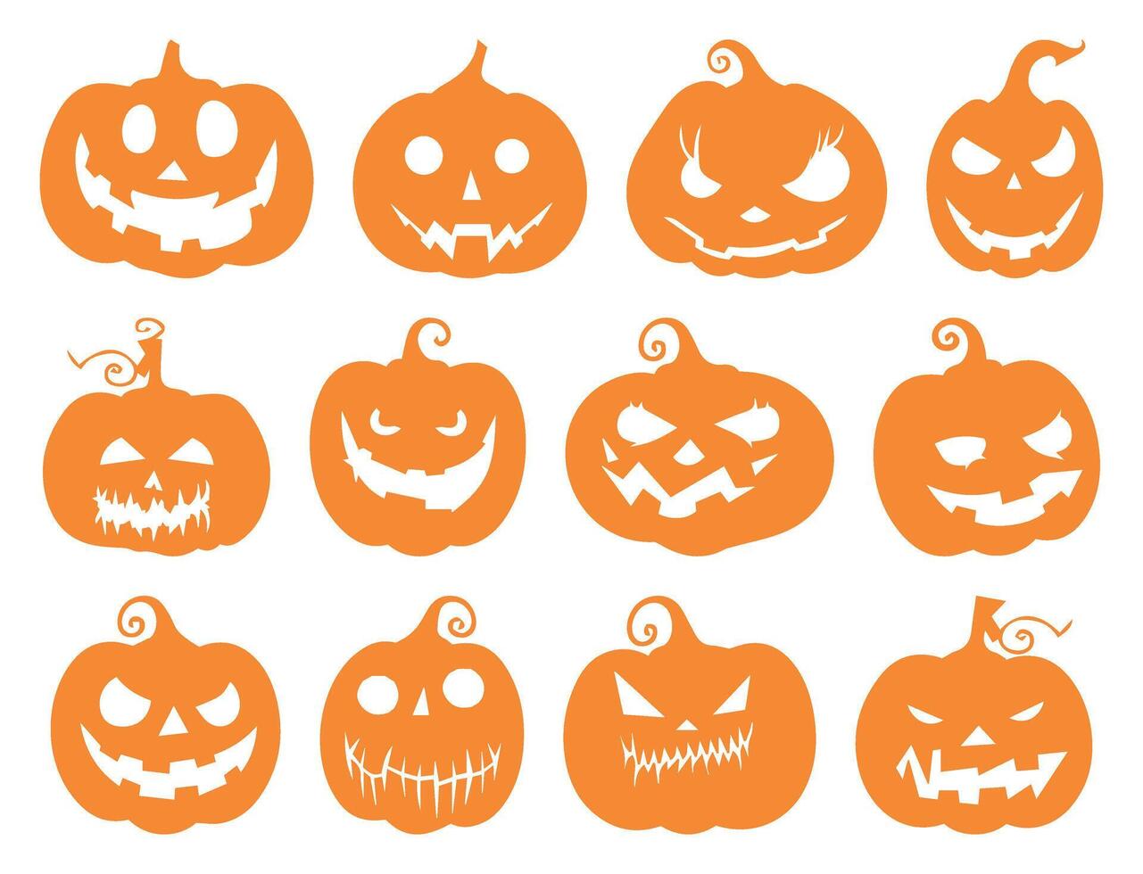 Halloween Pumpkin Silhouettes Collection. Spooky Lantern Faces with Creepy Expressions. October Horror Emotions Illustration. Isolated on Transparent Background for Halloween Party vector