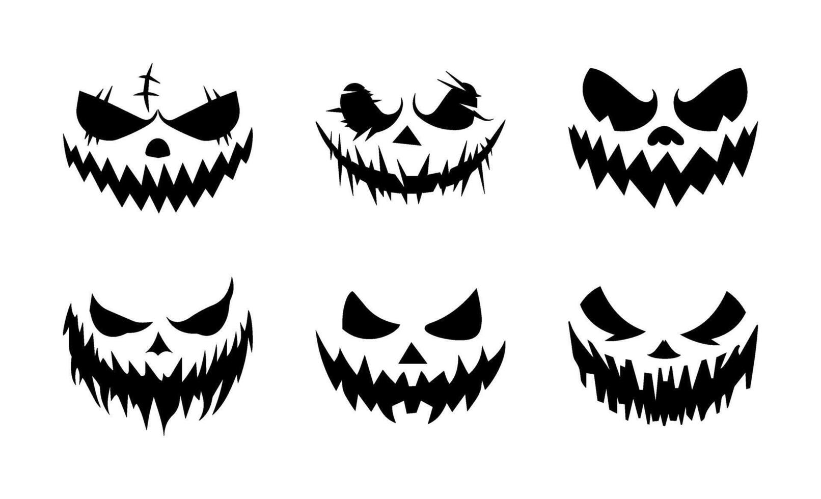 Halloween Pumpkin Face Silhouette Collection. Spooky Jack-o-Lantern Icons Set Isolated on Transparent Background. Scary Devil Smile Creepy Eyes, Evil Grin, and Horror Emotions for October Party Poster vector