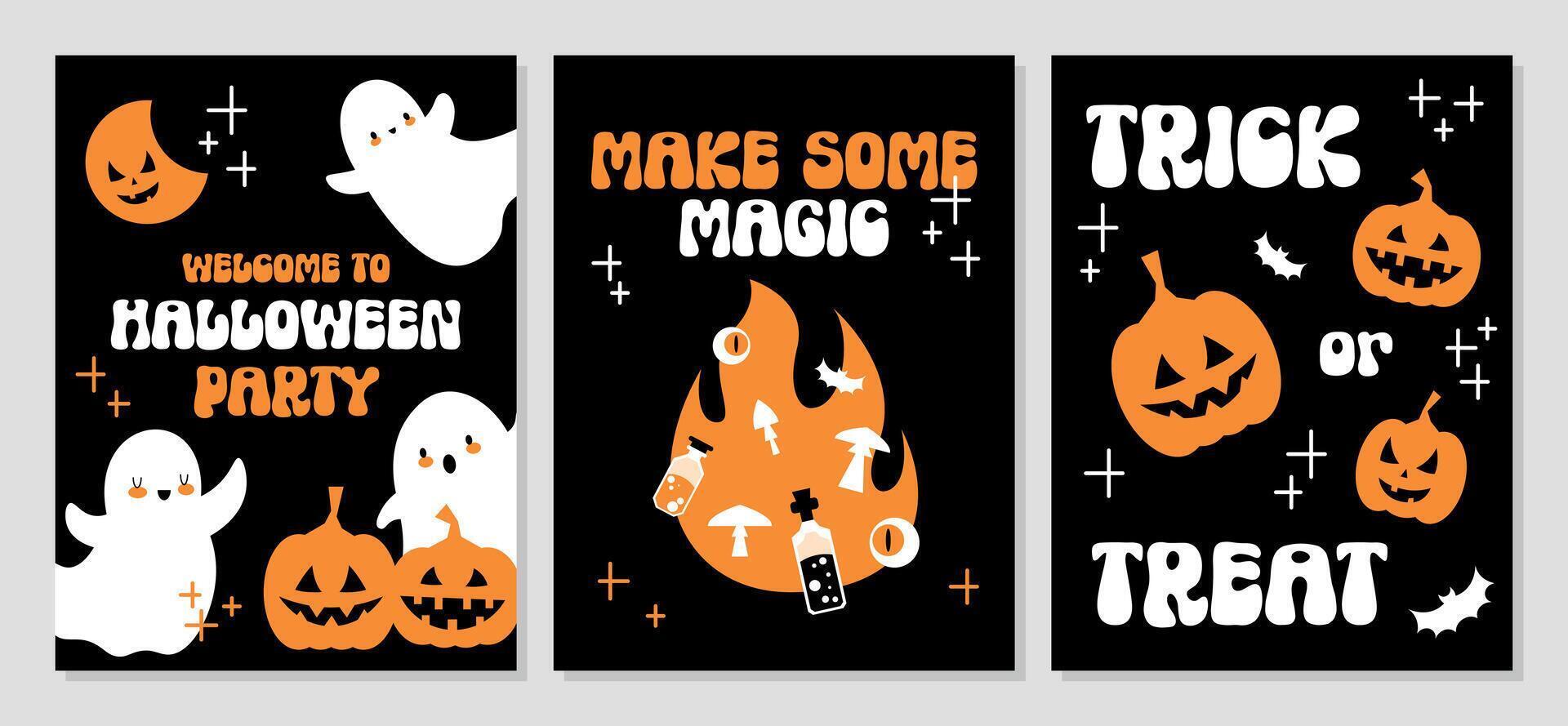 Set of Happy Halloween and Trick or Treat greeting cards. Welcome to Halloween party posters in cute flat style for social media stories design templates. Holidays greeting cards or party invitations. 48556709 set-of-happy-halloween-and-trick-or-treat-greeting-cards-welcome-to-halloween-party-posters-in-cute-flat-style-for-social-media-stories-design-templates-holidays-greeting-cards-or-party-invitations-48556709