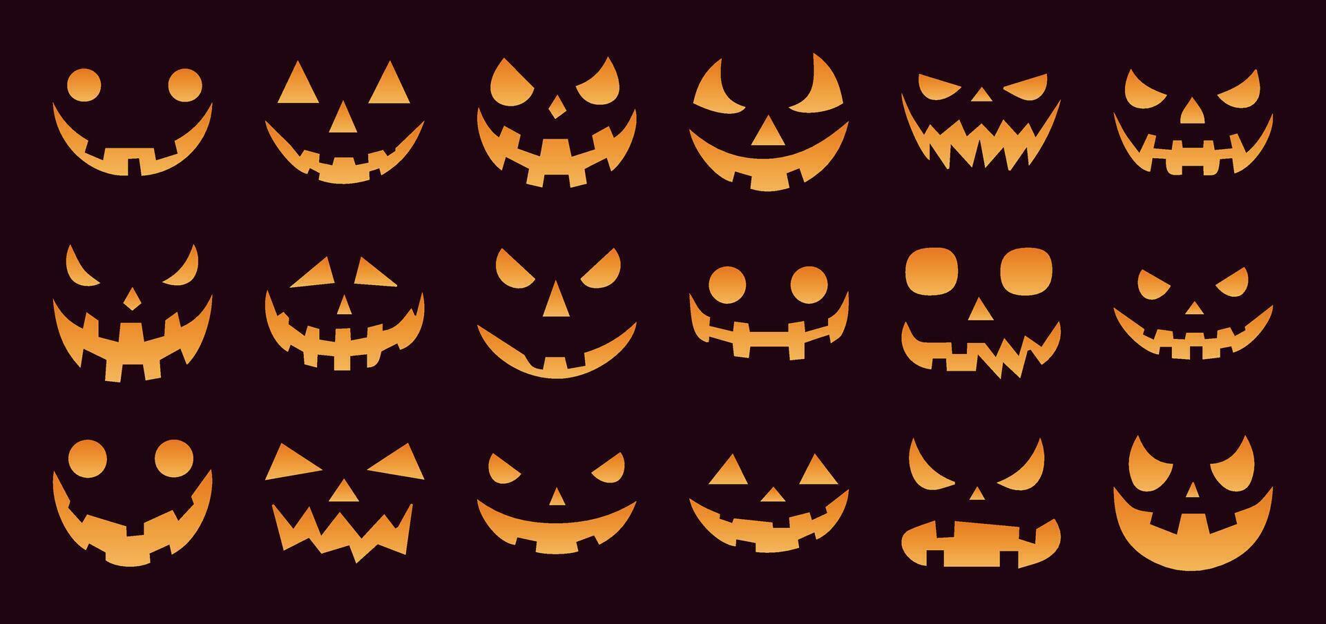 Halloween Pumpkin Face Collection. Spooky Jack O Lantern Silhouette Icons. Scary and Creepy Expressions. October Horror Clip Art Set. Isolated Illustrations on Solid Background. vector