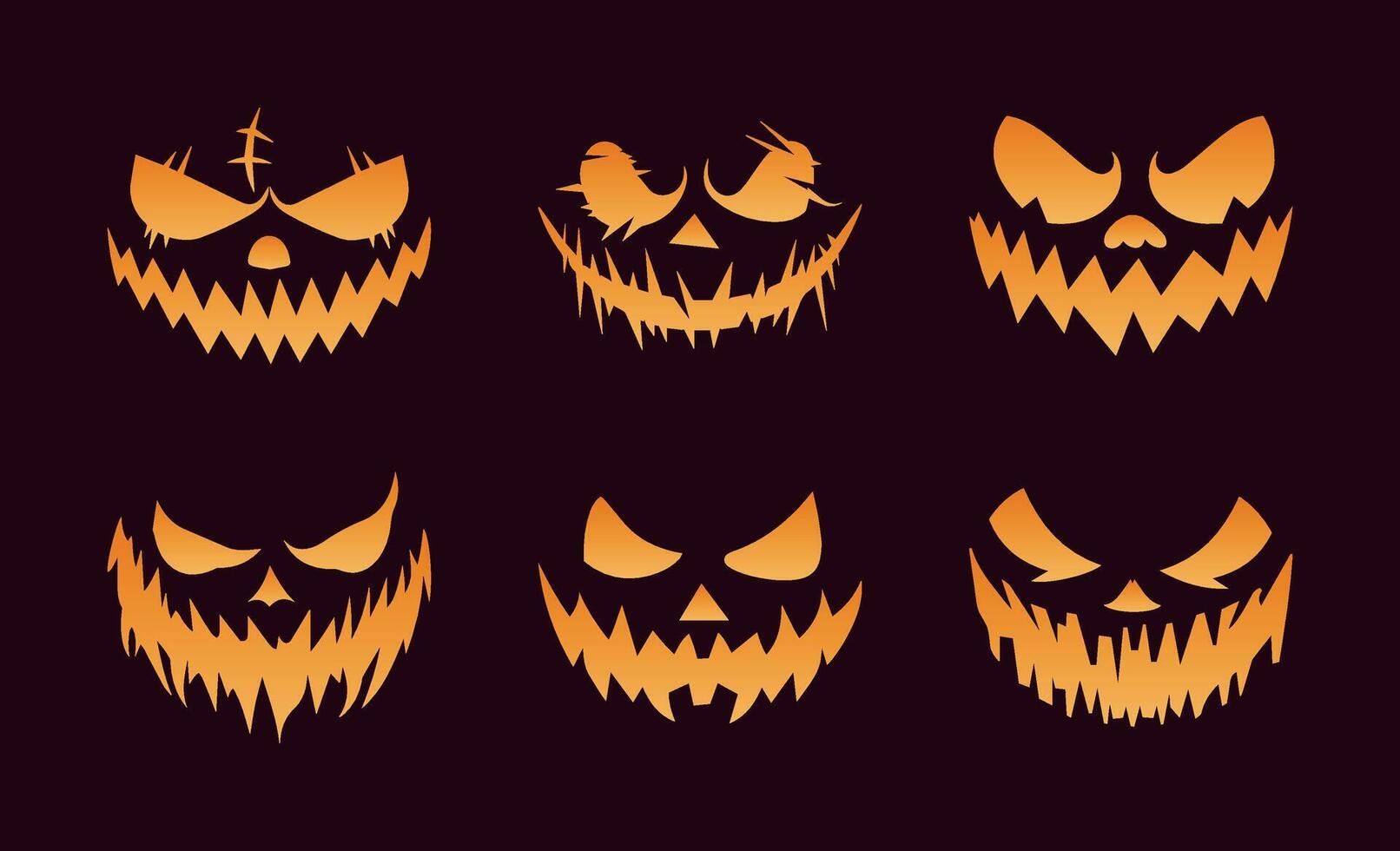 Halloween Creepy Pumpkin Faces. Spooky Jack O Lantern Silhouette Icons. Scary and Horrific Expressions. October Horror Collection. Clip Art Isolated on Solid Background. Perfect for Parties. vector