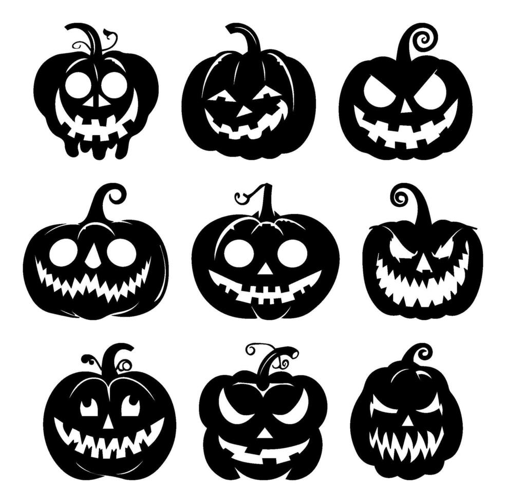 Horror Pumpkin Faces Silhouette Collection. Halloween Jack-O'-Lantern Set. Black and White Icons Isolated on Transparent Background. Perfect for October Celebrations and Party Decorations. vector