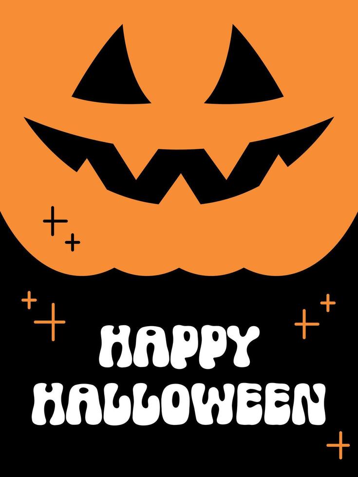 Halloween poster with cute pumpkin and text Happy Halloween in groovy font. Minimal design, cute flat style, festive aesthetic greeting card. Hand drawn flyer. Halloween party invitation, social media vector