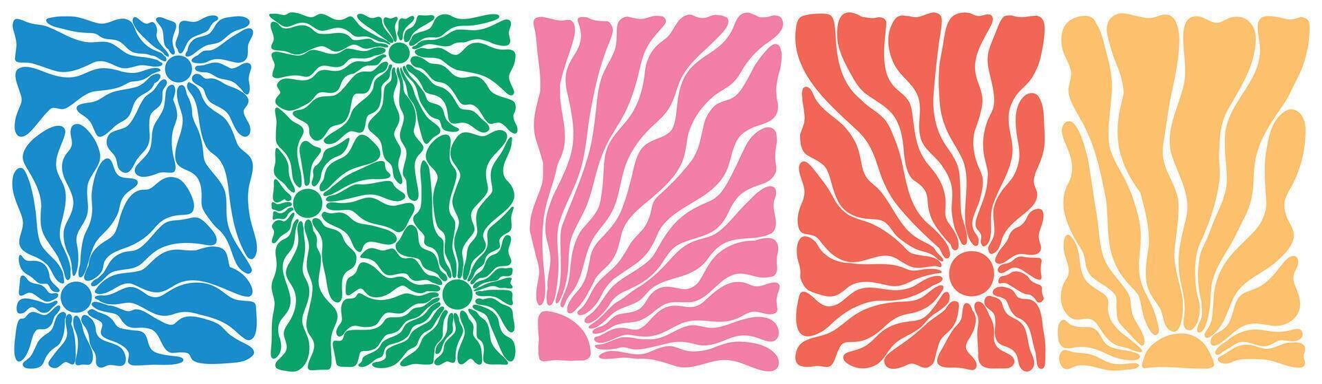 Groovy abstract flower and sun beautiful art. Vertical wavy illustration in blue, green, pink, red, yellow colors. Waves, swirl, twirl, flower, rays and rainbow pattern. Vintage 60s 70s 80s vector