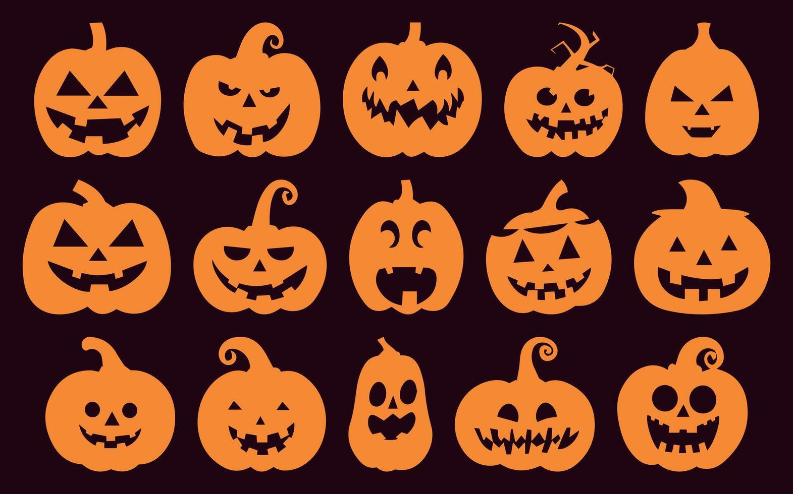 Spooky Pumpkin Silhouette Icons. Halloween Collection with Various Emotions. Jack-o'-lantern Faces Isolated on Solid Background. Ideal for October Parties, Horror, and Thanksgiving. vector
