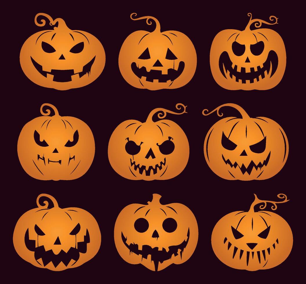 Halloween Emoji Pumpkins. Silhouette Collection with Spooky and Funny Faces. Isolated Jack-o'-lantern Illustrations on Solid Background. Ideal for October Parties and Thanksgiving. vector