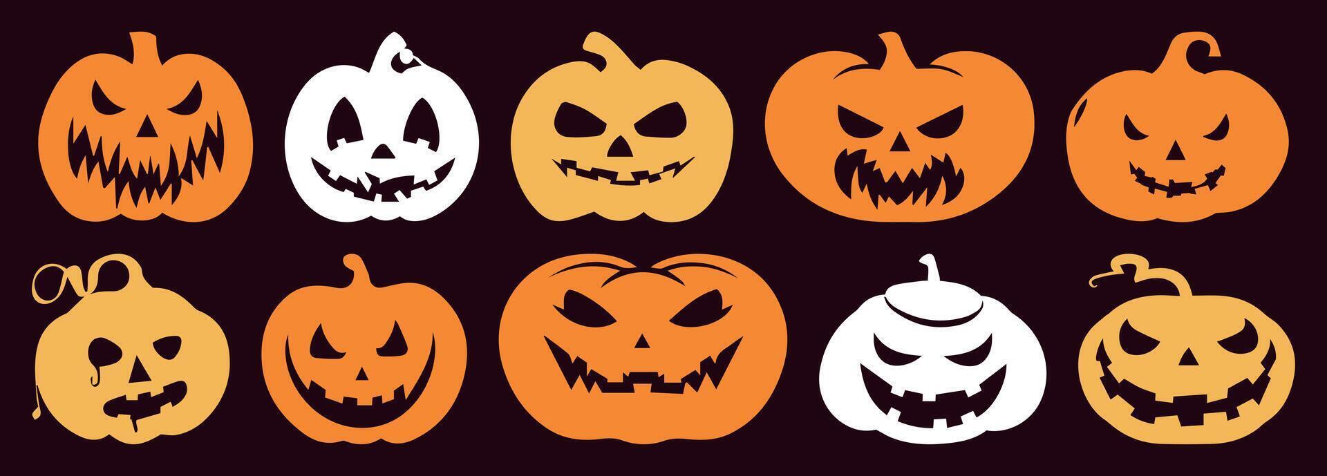 Jack-o'-lantern Set. Silhouette Pumpkins with Scary and Smiling Faces. Halloween Collection Isolated on Solid Background. Ideal for October Party Decor and Horror Illustrations. vector