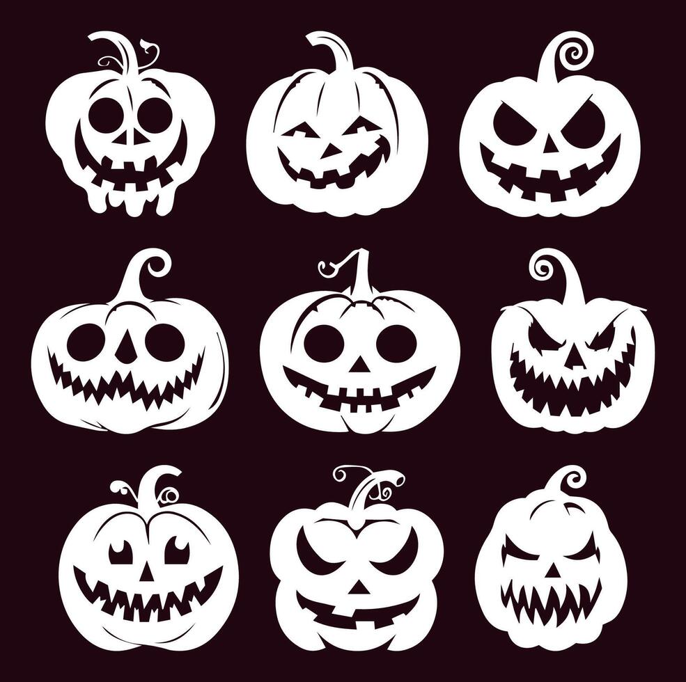 Horror-Themed Pumpkin Silhouettes. Collection of Halloween Jack-o'-lanterns with Various Emotions. Isolated on Solid Background. Perfect for Spooky Party Decor and October Festivities. vector