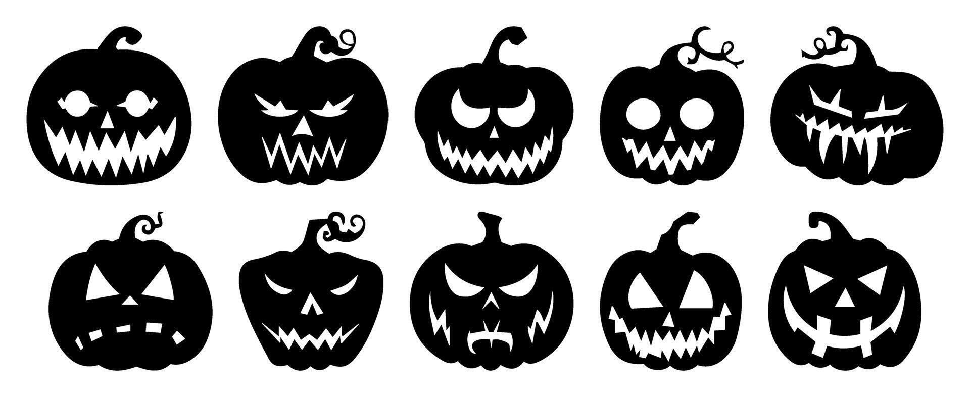 Creepy Pumpkin Faces Collection. Halloween Silhouettes with Various Emotions. Black Icons Isolated on Transparent Background. Ideal for October Celebrations, Parties, and Horror Illustrations vector