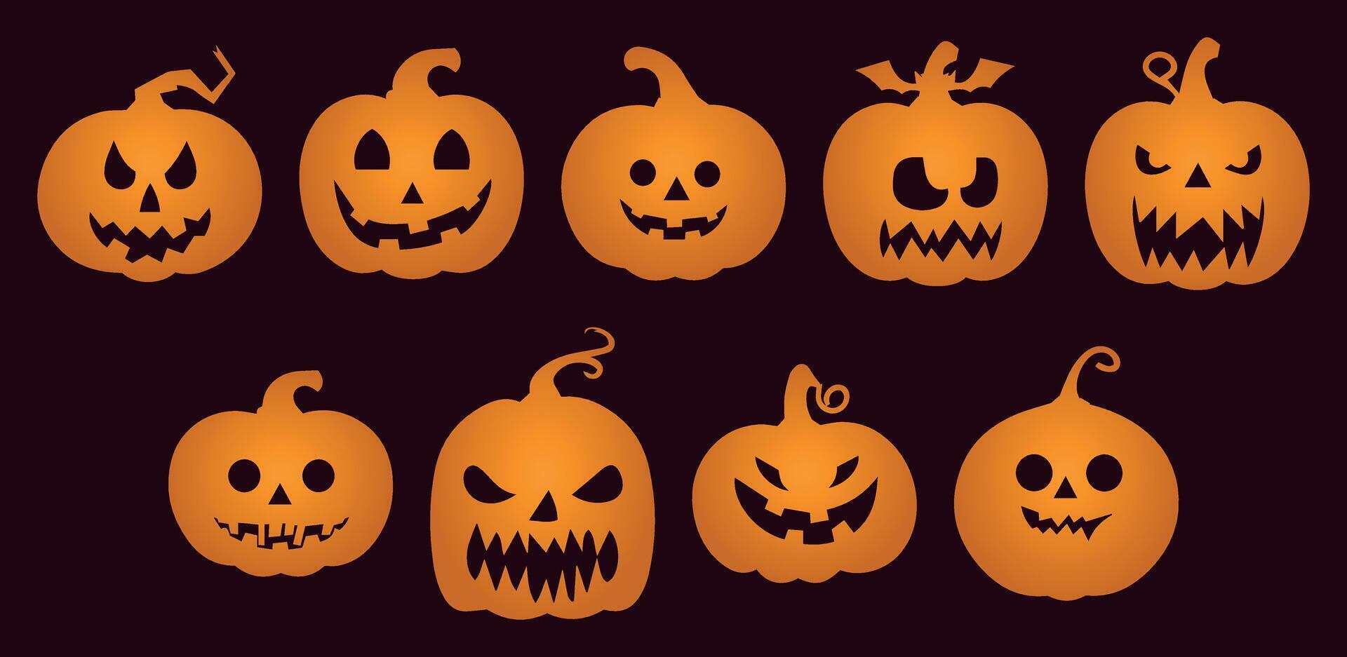 Scary Jack-o'-lantern Silhouettes. Collection of Halloween Pumpkins with Different Emotions. Isolated on Solid Background. Perfect for October Party Decor and Horror Themes. vector