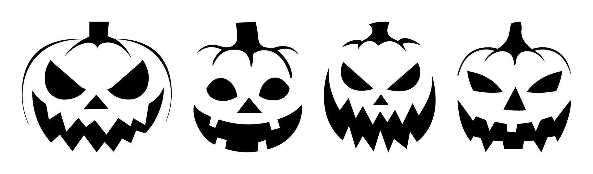 Halloween Jack-O'-Lantern Silhouettes. Collection of Spooky Pumpkin Faces. Black Icons Isolated on Transparent Background. Ideal for October Horror Parties and Thanksgiving Clip Art. vector