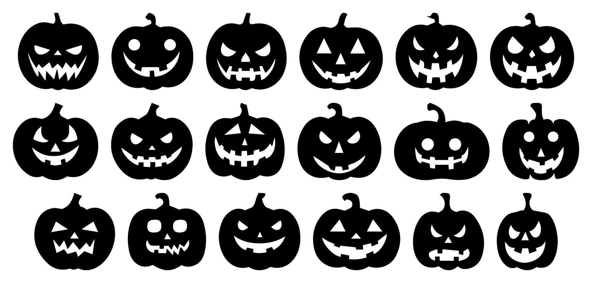 Creepy Halloween Pumpkin Collection. Jack-O'-Lantern Faces with Different Emotions. Black Icons Isolated on Transparent Background. Perfect for October Party Decorations Horror Illustrations vector