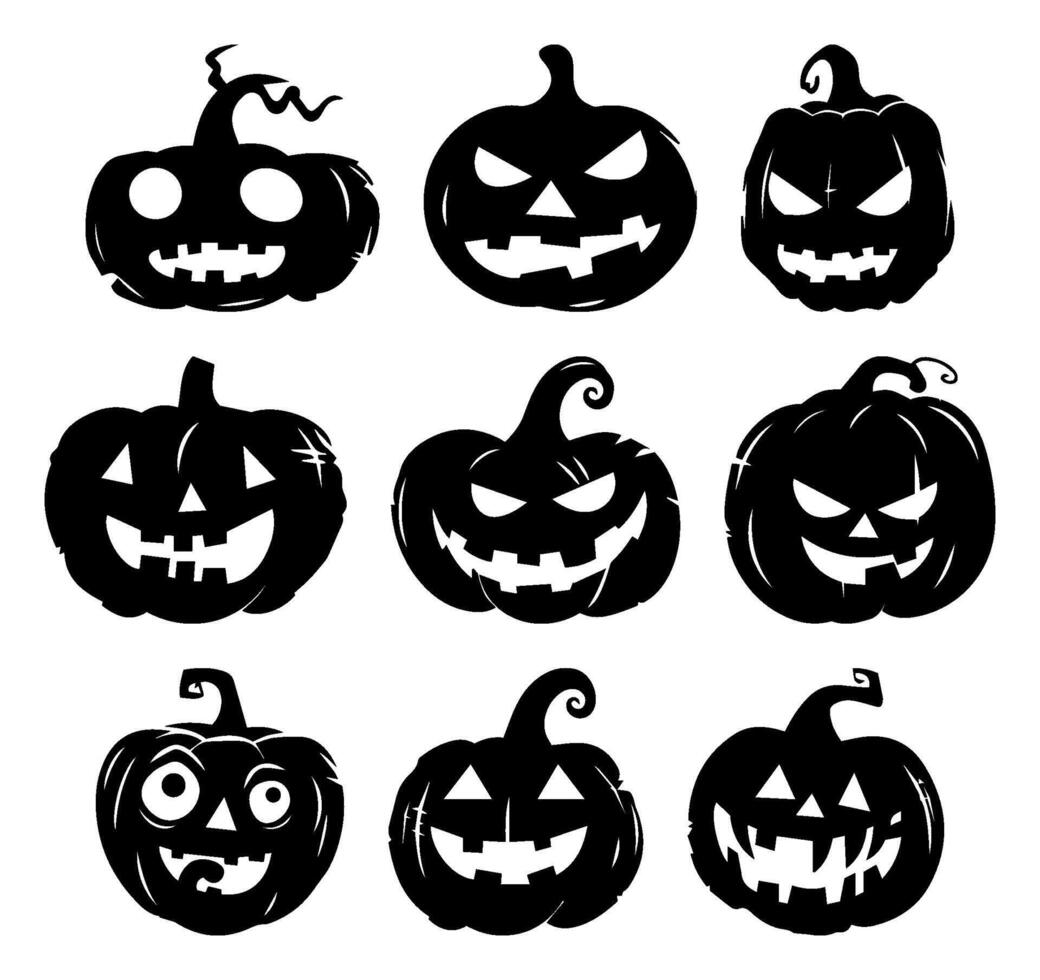 Halloween Jack-O'-Lantern Silhouettes. Collection of Spooky Pumpkin Faces with Various Emotions. Isolated Black Icons. Transparent Background. October Celebrations, Horror Illustrations vector