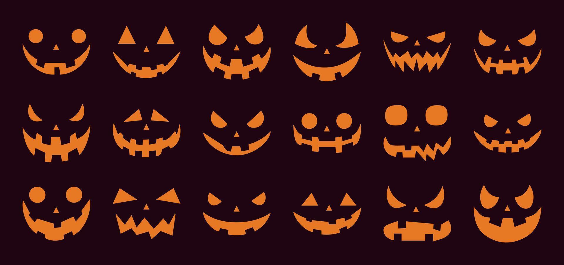 Halloween Pumpkin Face Silhouettes. Spooky Jack O Lantern Collection. Horror Icons for Halloween Parties. Isolated on Solid Background. Creepy and Scary Pumpkin Faces. Clip Art Set. vector