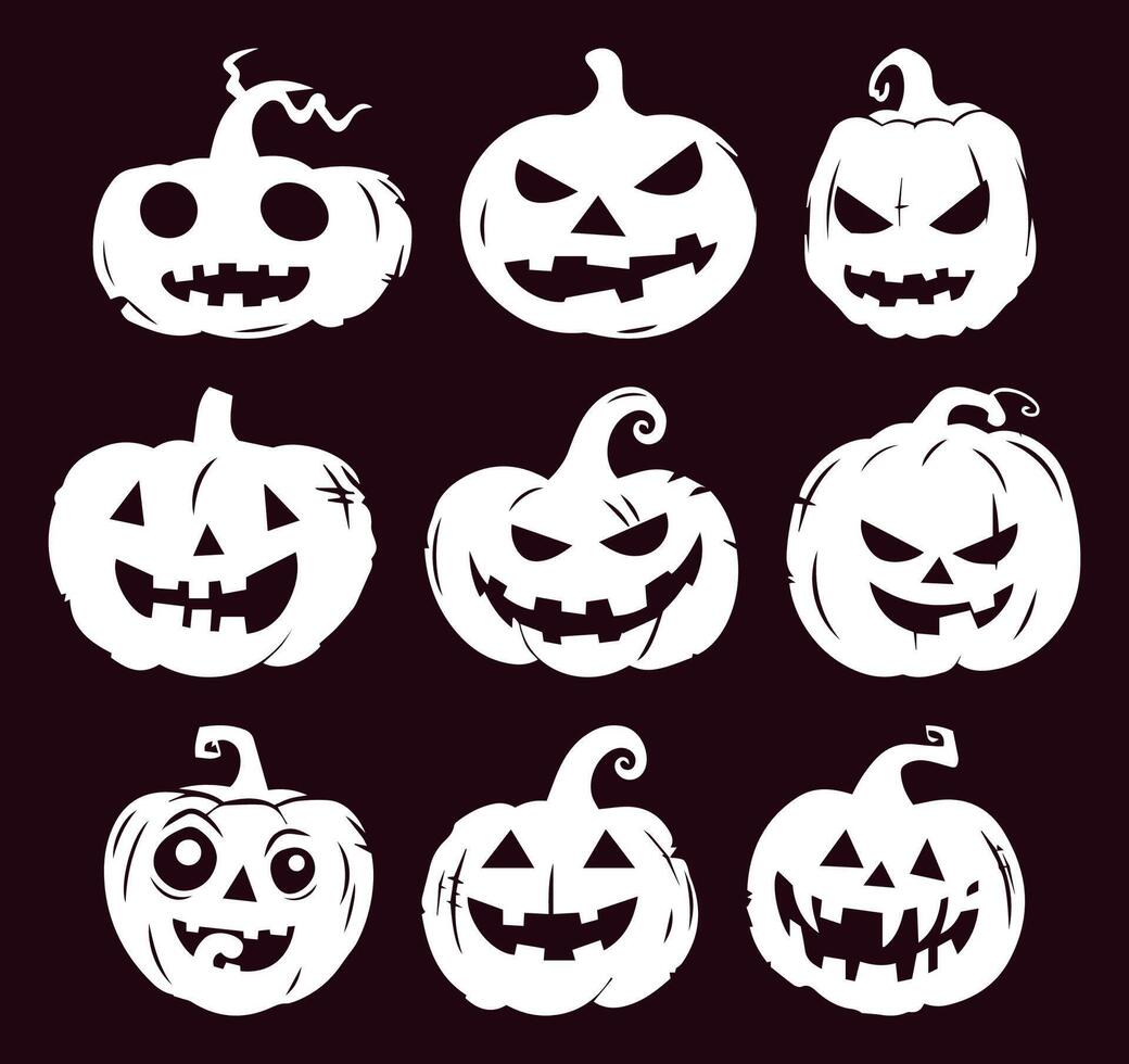 Halloween Pumpkin Silhouette Icons. Collection of Spooky Faces. Isolated Jack-o'-lanterns for October Party Decor and Thanksgiving Fun. Ideal for Horror Themes. vector