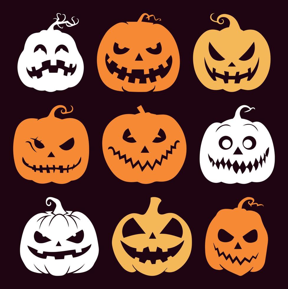 Halloween Pumpkin Faces Collection. Silhouettes with Different Emotions. Isolated on Solid Background. Perfect for Spooky Party Decor and October Horror Themes. vector