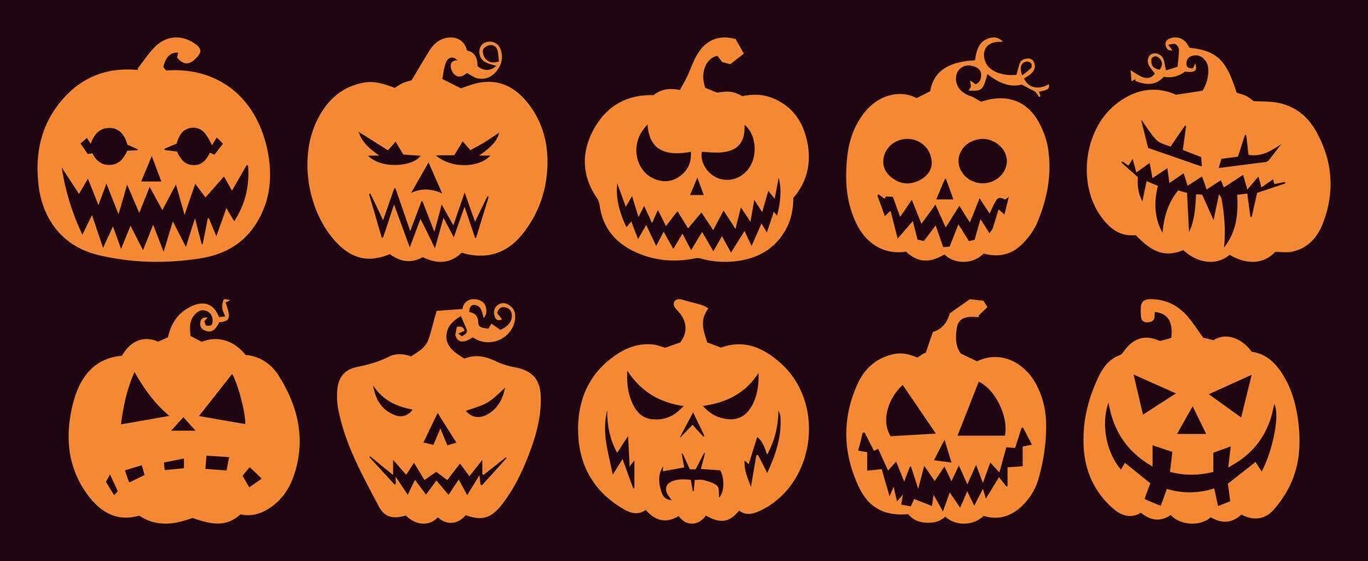 Spooky Halloween Pumpkin Set. Collection of Silhouette Jack-o'-lanterns with Different Emotions. Isolated Illustrations for October Horror, Party Decor, and Thanksgiving Fun. vector