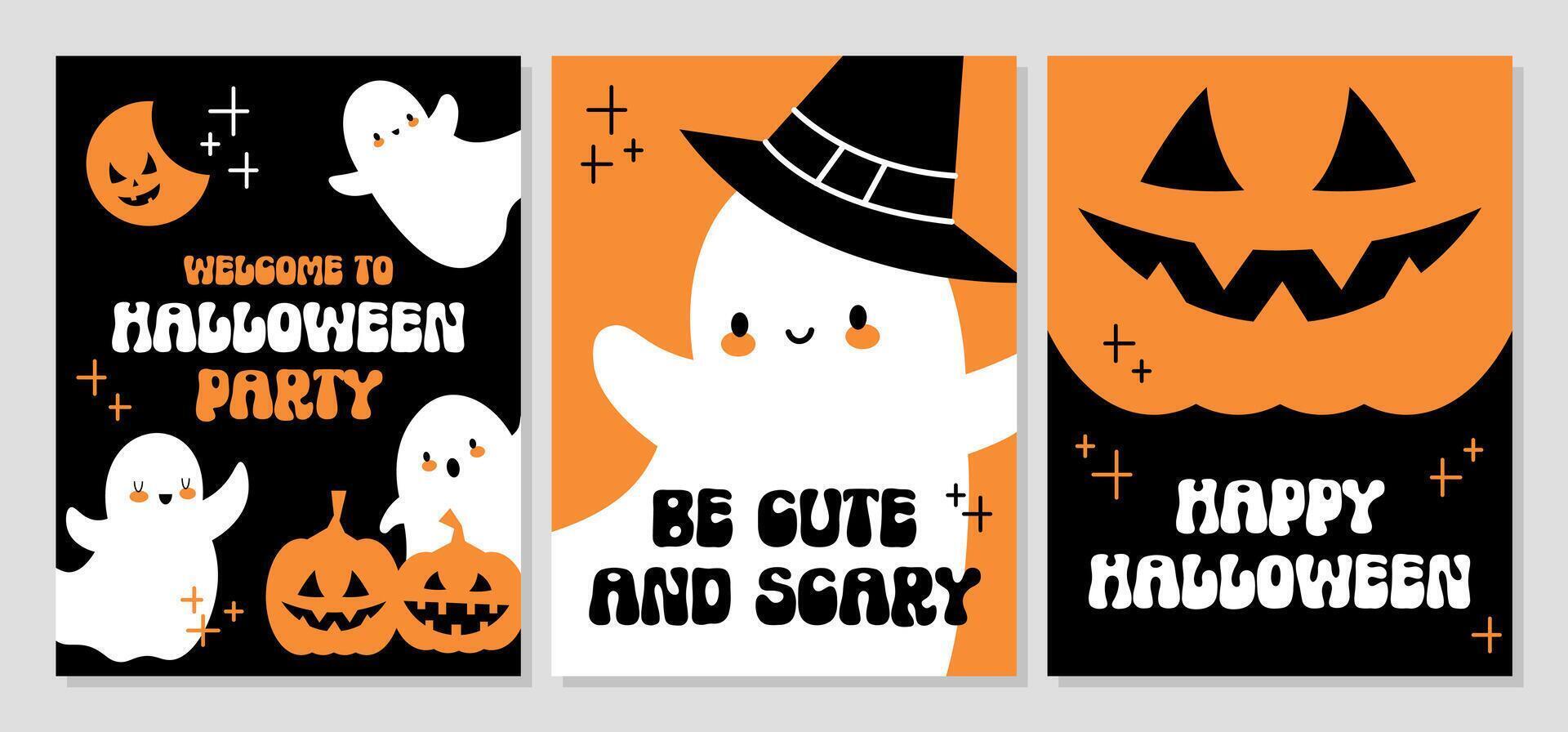 Set of Halloween vertical posters. Cute ghosts and pumpkins. Party flyers with hand drawn illustrations flat style design. Banner for Halloween party. Happy Halloween card set. Be cute and scary font vector