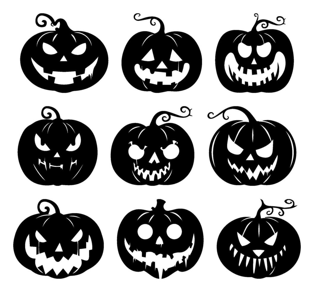 Halloween Pumpkin Silhouette Icon Set. Scary Faces with Various Emotions. Black Art Isolated on Transparent Background. Ideal for October Horror Parties and Thanksgiving Clip Art. vector
