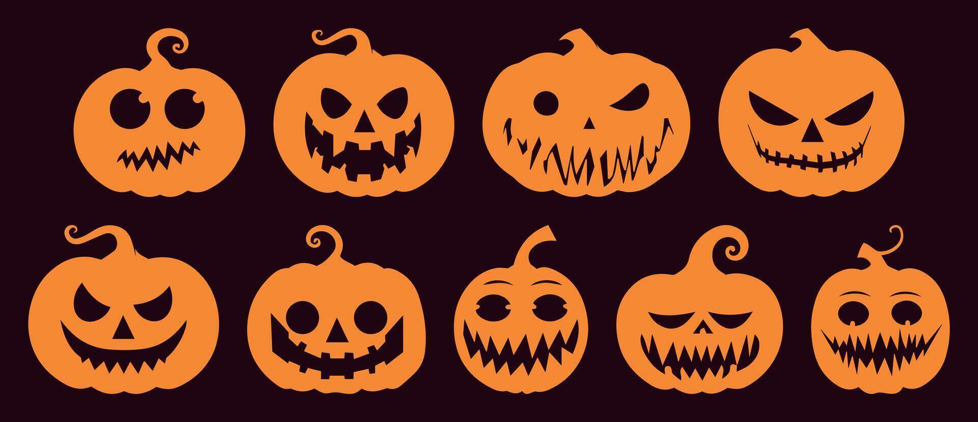 Horror Pumpkin Silhouette Collection. Illustrations of Halloween Lanterns with Various Facial Expressions. Isolated on Solid Background. Perfect for Scary Party and October Events. vector