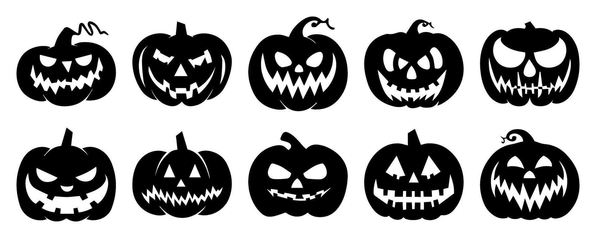 Spooky Halloween Pumpkin Collection. Silhouettes with Different Emotions. Black Icons Isolated on Transparent Background. Ideal for October Horror Parties and Thanksgiving Illustrations. vector