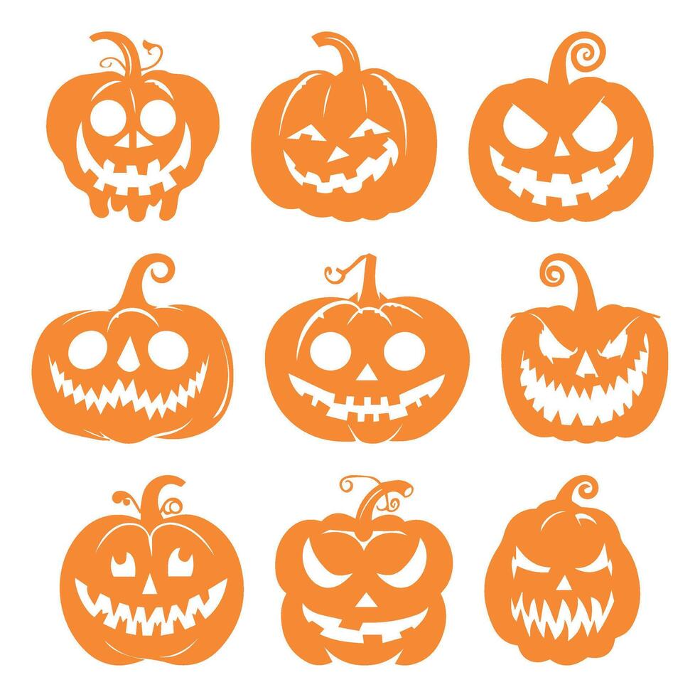 Spooky Pumpkin Silhouettes for Halloween. Creepy Faces Cut Out in Scary Style. October Horror Emotions Collection Isolated on Transparent Background for Halloween Decor. vector