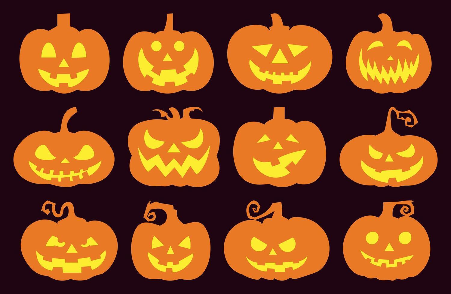 Halloween Pumpkin Faces. Silhouette Collection of Scary and Smiling Jack-o'-lanterns. Isolated on Solid Background for October Parties and Horror Illustrations. vector