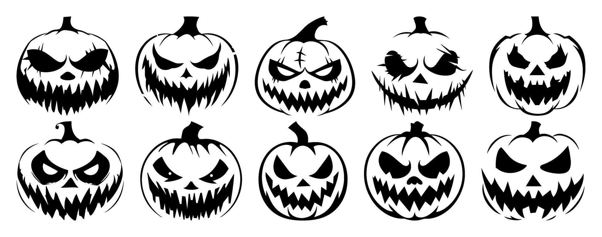 Halloween Pumpkin Silhouette Set. Spooky Faces with Various Emotions. Black Icons Isolated on Transparent Background. Ideal for October Horror Parties and Thanksgiving Clip Art. vector