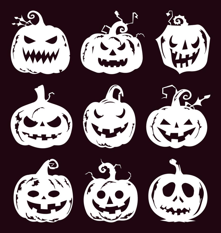 Spooky Pumpkin Icon Collection. Halloween Silhouettes with Different Emotions. Jack-o'-lantern Faces Isolated on Solid Background. Perfect for Horror, Party, and Thanksgiving Themes. vector
