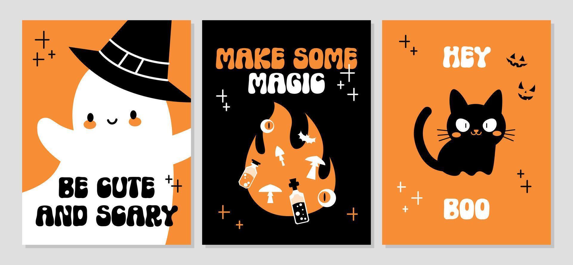 Set of cute flat trendy minimal Halloween themed posters. Ghost, fire flame, witch cat. Make some magic, Hey boo, Be cute and scary. Groovy style font calligraphy Y2K aesthetic party invitation vector