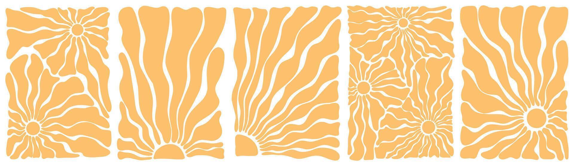 Groovy retro abstract sun backgrounds. Sun groovy vertical design elements set. Groovy sunburst. Matisse sun background. Various sun burst hippie posters hand drawn Waves, swirl, twirl, flower, rays vector