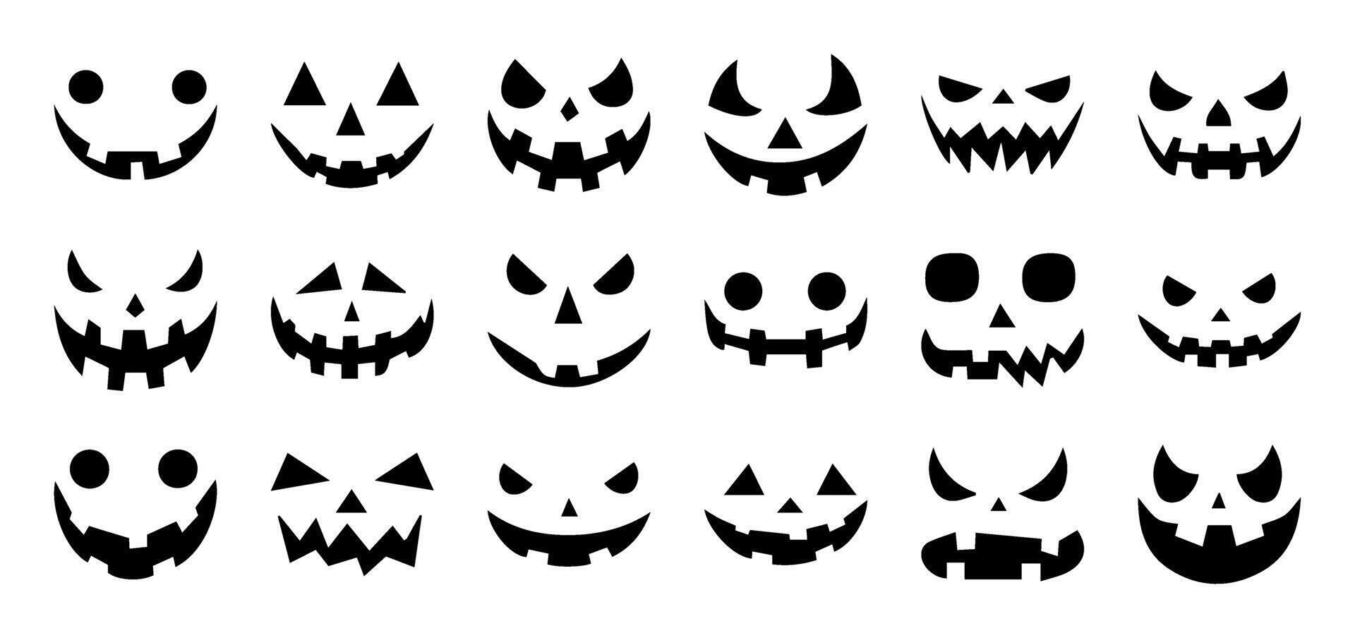 Pumpkin Face Silhouette Icons for Halloween. Scary and Funny Jack-o-Lantern Emoji Collection. Isolated on Transparent Background. Perfect for Posters, Web Graphics, and October Party Decorations. vector