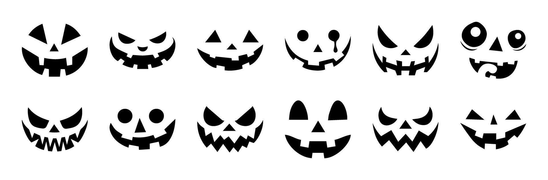 Halloween Horror Pumpkin Face Collection. Spooky Jack-o-Lantern Silhouettes Scary Smiles, Evil Eyes. Isolated on Transparent Background. Perfect for October Party, Clip Art, and Graphic Illustrations. vector