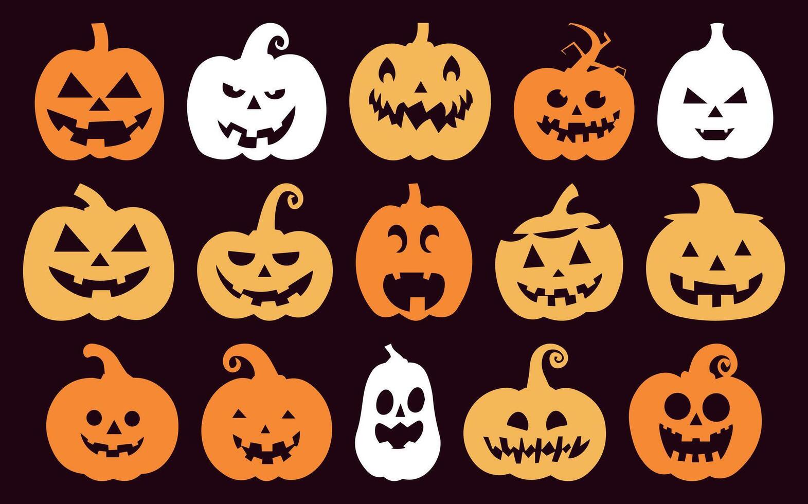 Halloween Jack-o'-lantern Silhouettes. Pumpkin Collection with Various Emotions. Isolated on Solid Background. Perfect for Spooky Parties and October Horror Decor. vector