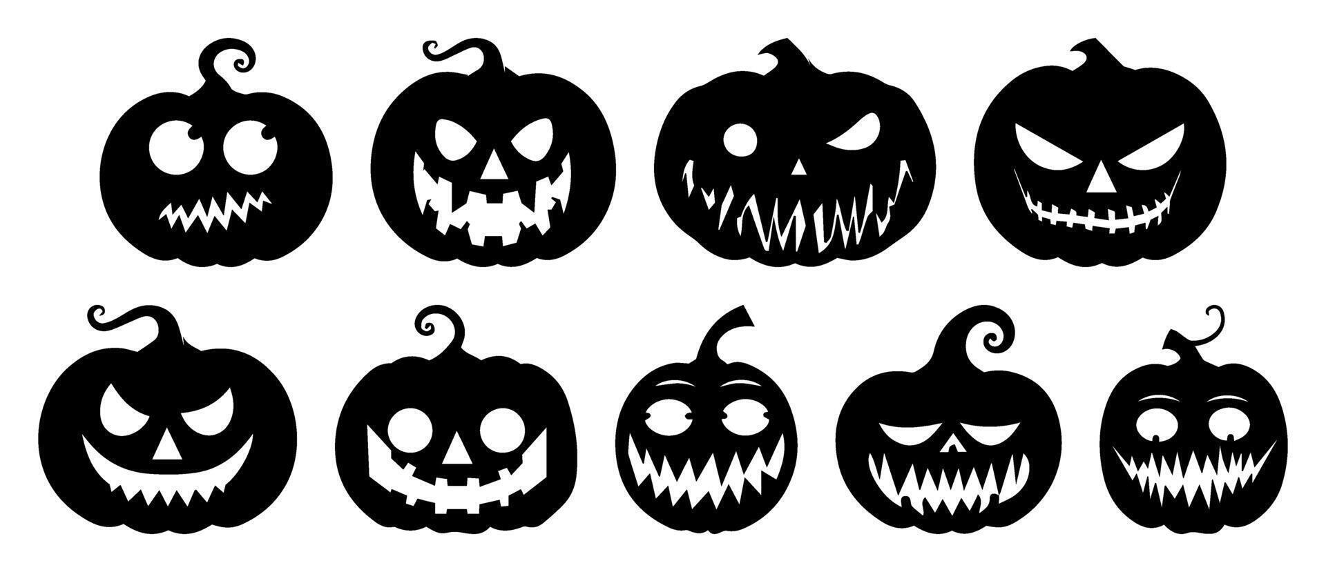 Halloween Jack-O'-Lantern Silhouettes. Collection of Creepy Pumpkin Faces. Black Icons Isolated on Transparent Background. Perfect for October Party Decorations and Thanksgiving Clip Art. vector