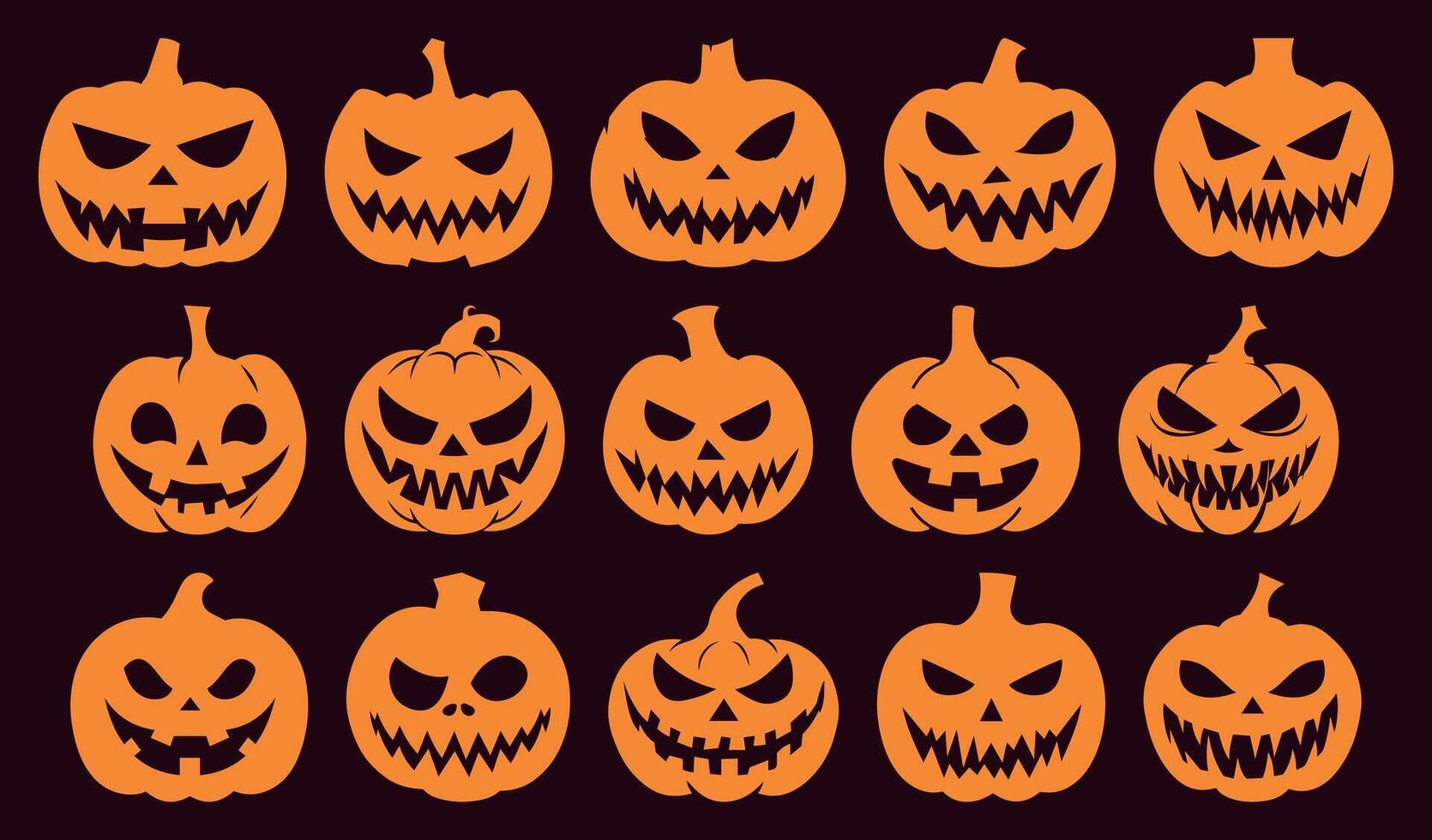 Halloween Pumpkin Set. Spooky Silhouettes with Cut Out Faces. Jack-o'-lantern Illustrations for October Parties and Horror Decor. Isolated on Solid Background for Clip Art Use. vector