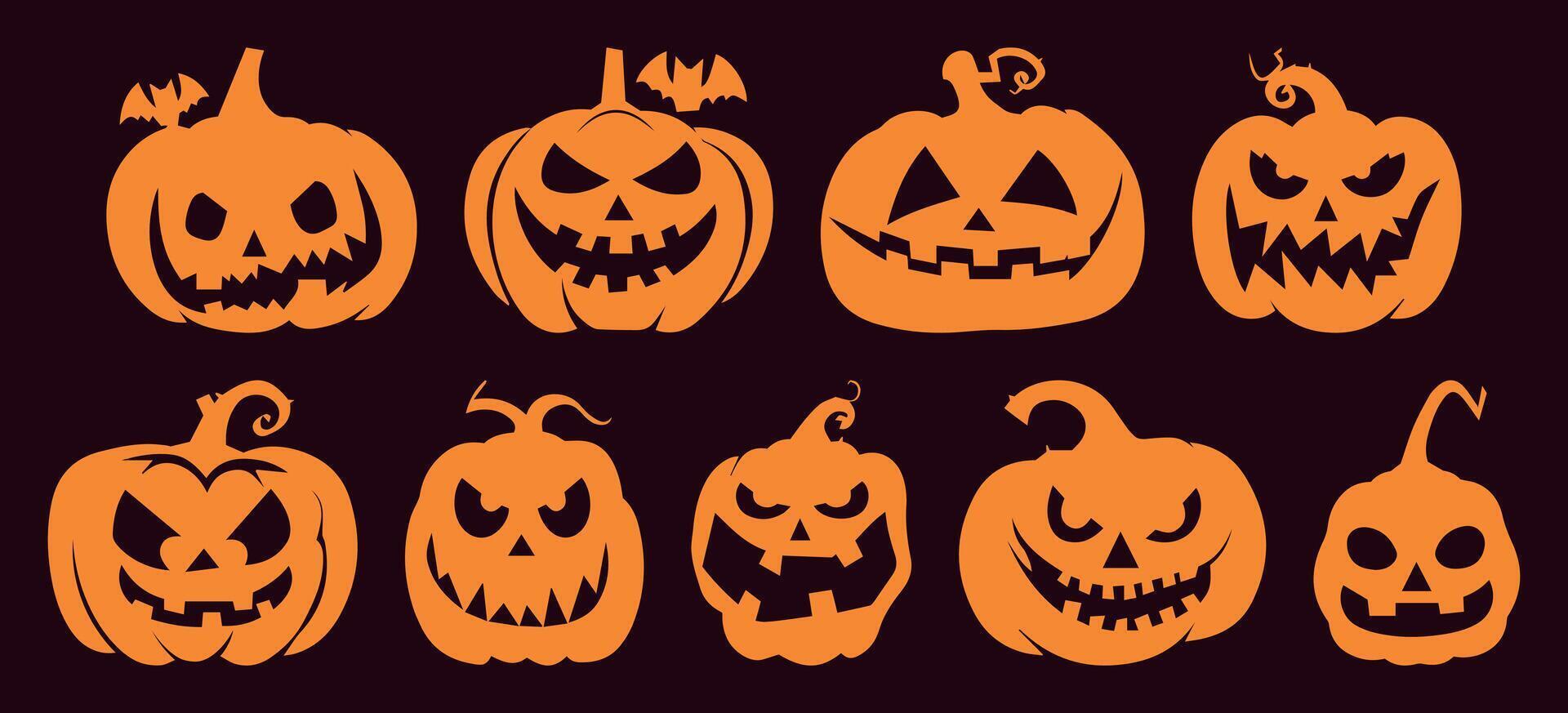 Jack-o'-lantern Silhouette Collection. Halloween Pumpkins with Different Emotions. Isolated on Solid Background. Perfect for Spooky Parties, Horror Themes, and October Festivities. vector