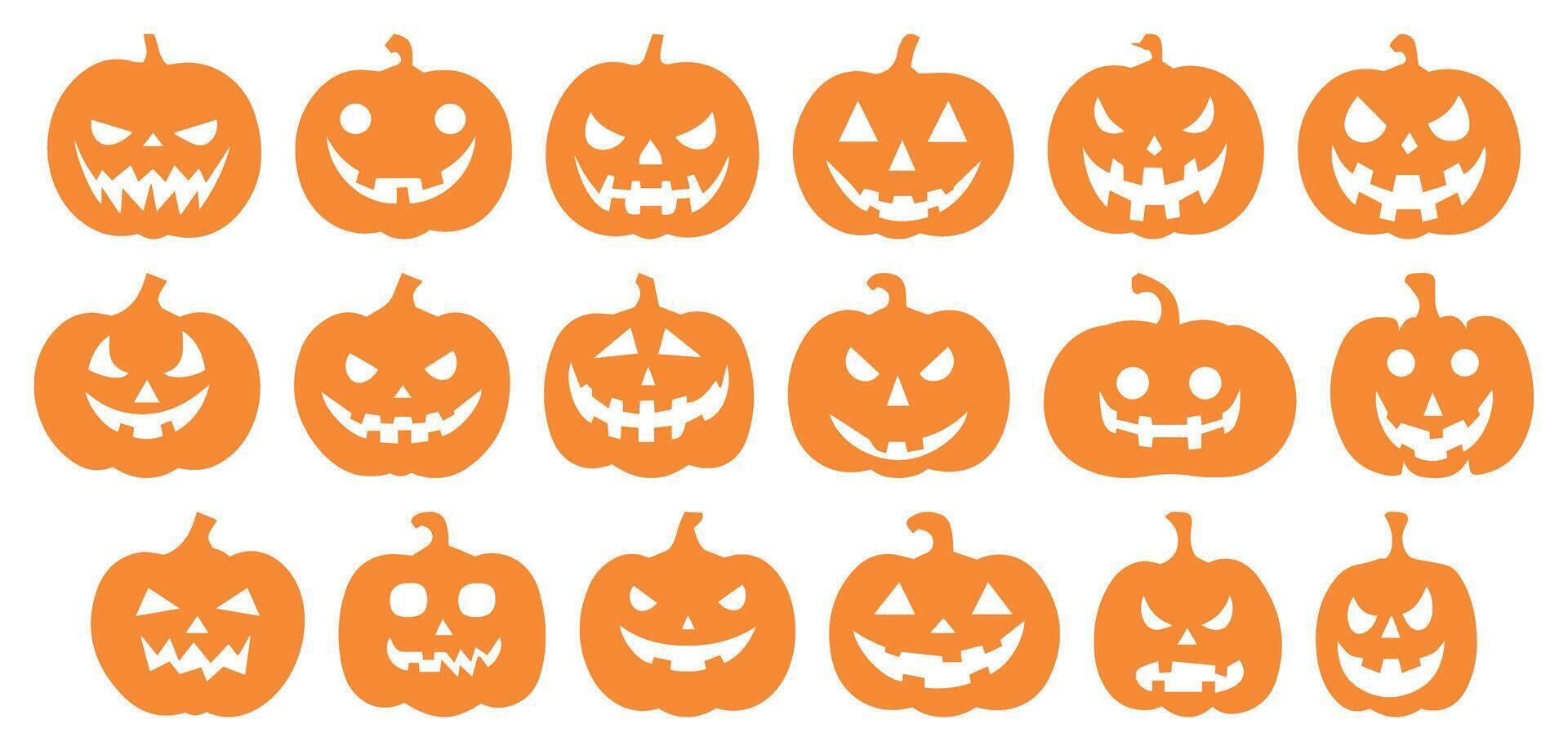 Halloween Pumpkin Icons Set. Spooky Lantern Silhouettes with Horror Faces. October Emotions Collection Isolated on Transparent Background for Creepy Halloween Displays. vector