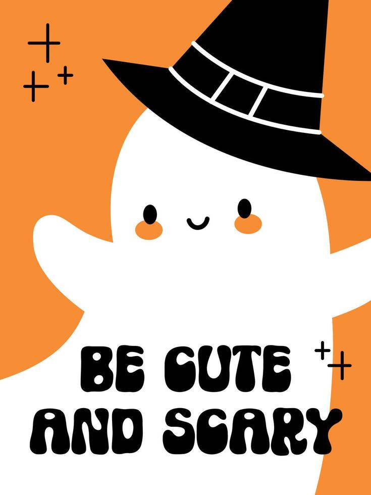 Halloween poster with cute ghost and text Be cute and scary in groovy font. Minimal design, flat style, festive aesthetic greeting card. Hand drawn flyer. Happy Halloween party invitation social media vector