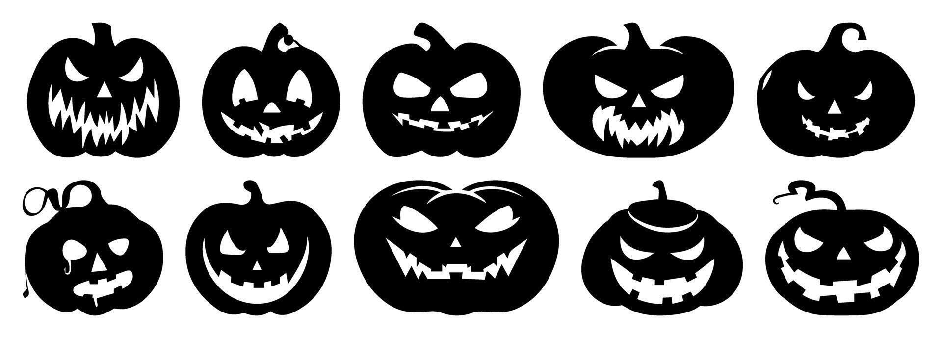 Halloween Jack-O'-Lantern Silhouette Collection. Scary Pumpkin Faces with Different Emotions. Black Icons Isolated on Transparent Background. Perfect for October Horror Parties Thanksgiving vector
