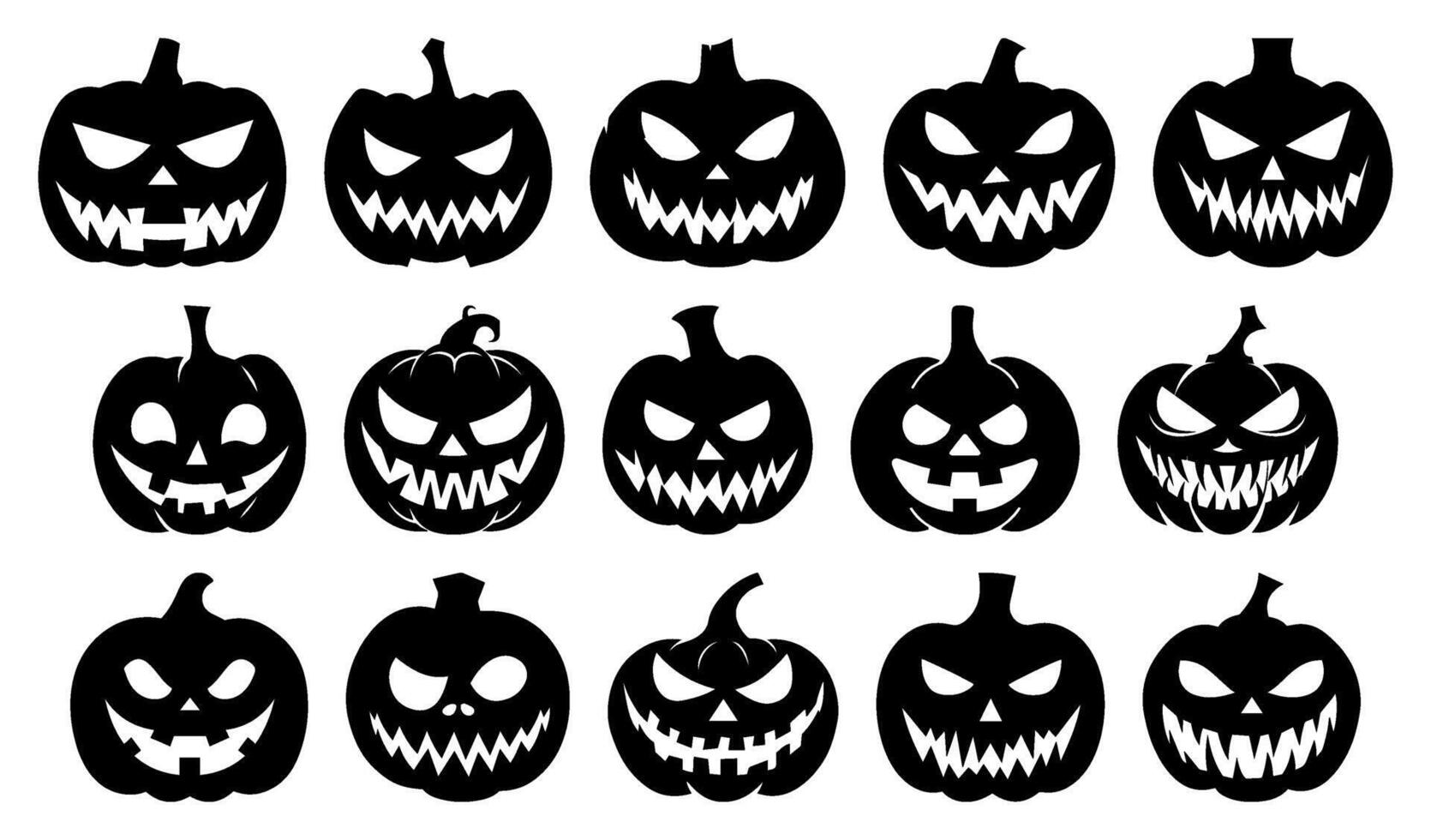 Horror Pumpkin Faces Collection. Halloween Silhouette Icon Set. Black Art Isolated on Transparent Background. Perfect for October Celebrations and Party Decorations. vector